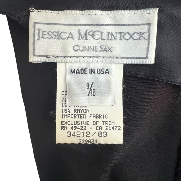 JESSICA MCCLINTOCK Gunne Sax Black Velvet Embroidered Puff Sleeve Dress Sz 9/10 - Picture 5 of 6
